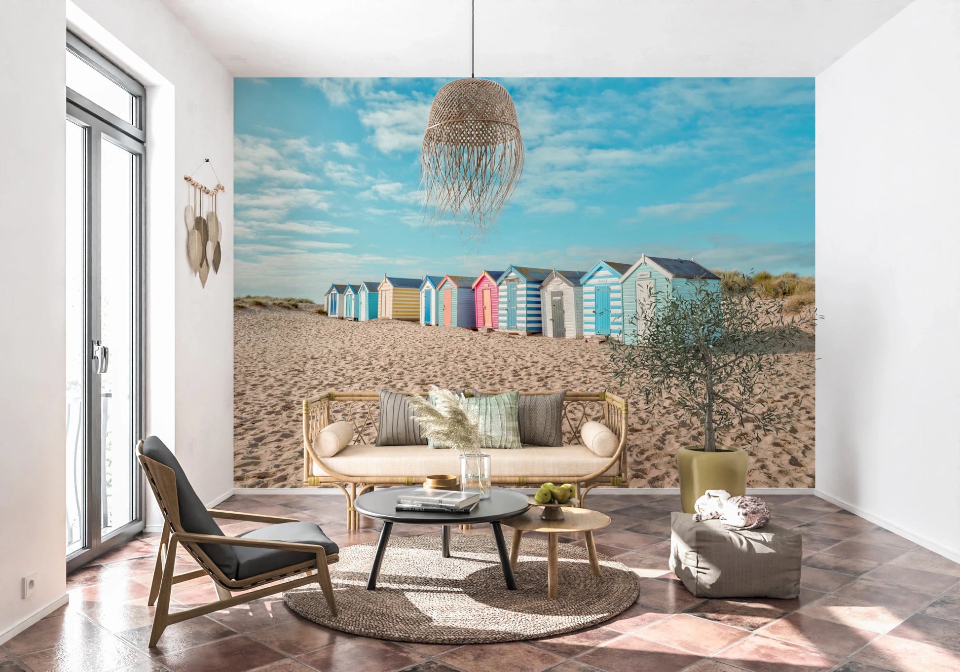 Beach Huts on the Shore Wall Mural set behind a bed for a light coastal Hallway look, GD8871