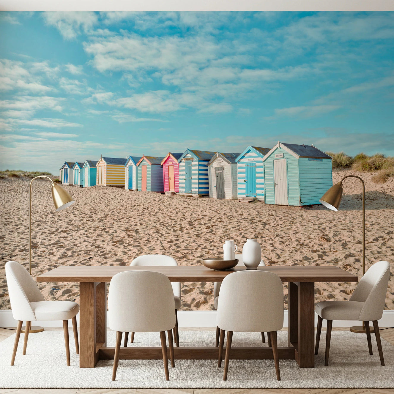 Beach Huts on the Shore Wall Mural brightening a dining room with sandy coastal views