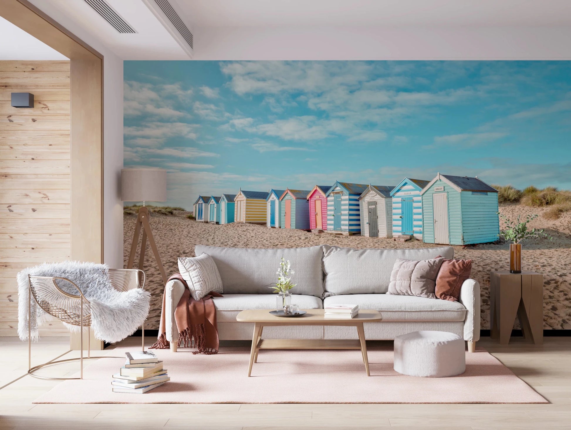 Pastel beach huts and blue sky in Beach Huts on the Shore Wall Mural close-up view, GD8871