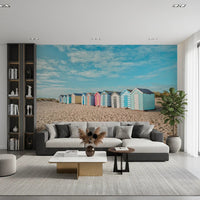 Beach Huts on the Shore Wall Mural bringing a beachy backdrop to a clean Living space, GD8871