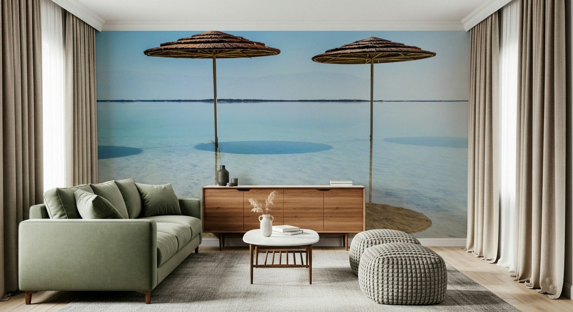 Elegant waterfront Beach Parasols peel and stick wallpaper for home decor.