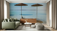 Elegant waterfront Beach Parasols peel and stick wallpaper for home decor.