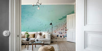 Vibrant beach scene mural with people relaxing