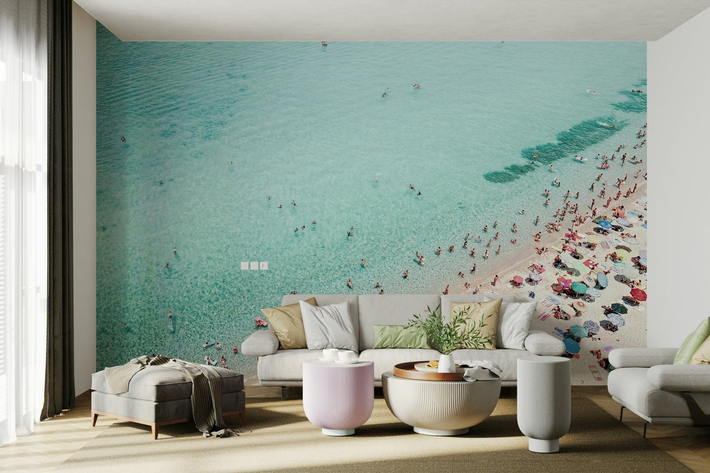 Relaxing beach people mural for calming interiors