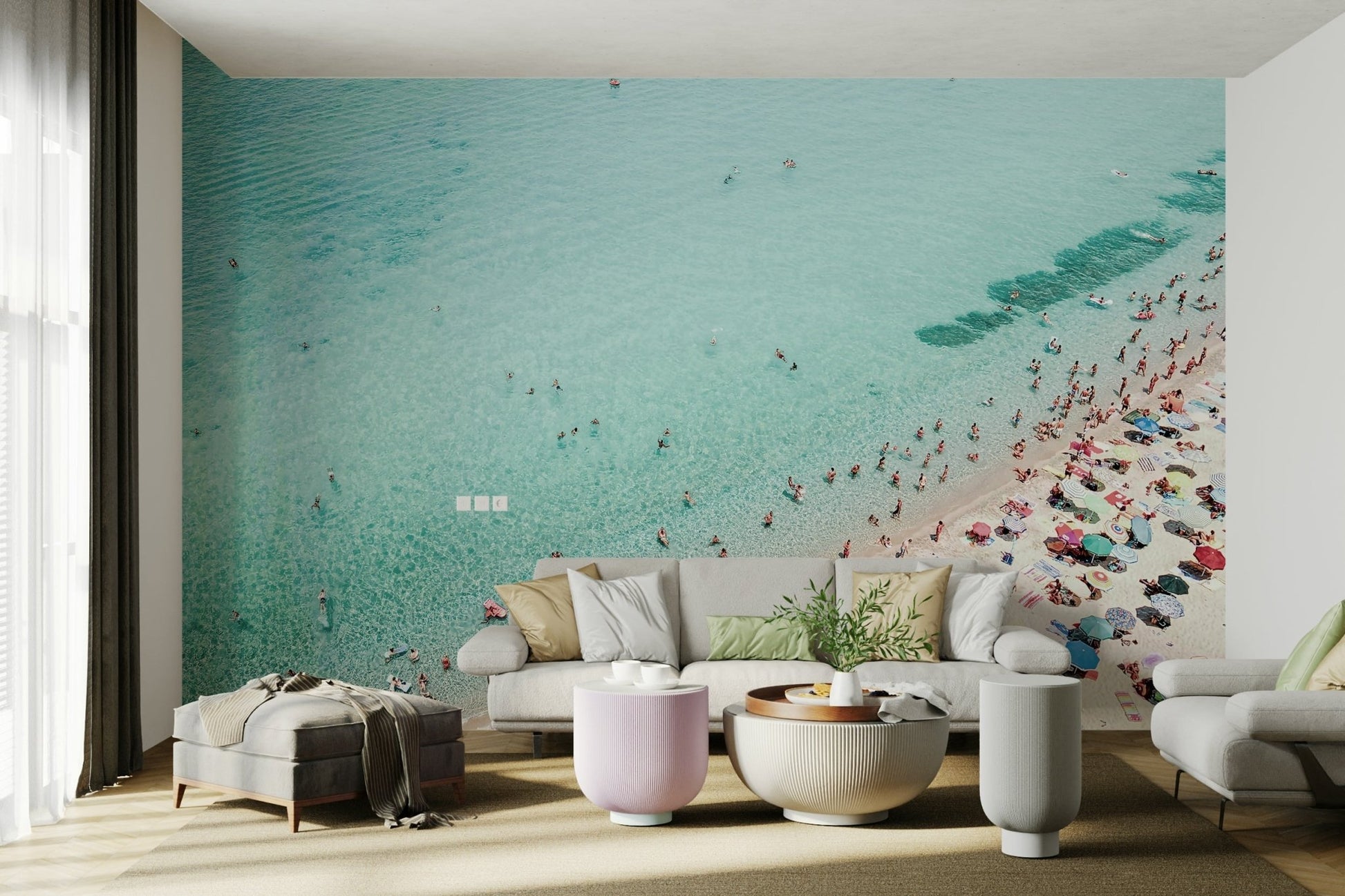 Relaxing beach people mural for calming interiors