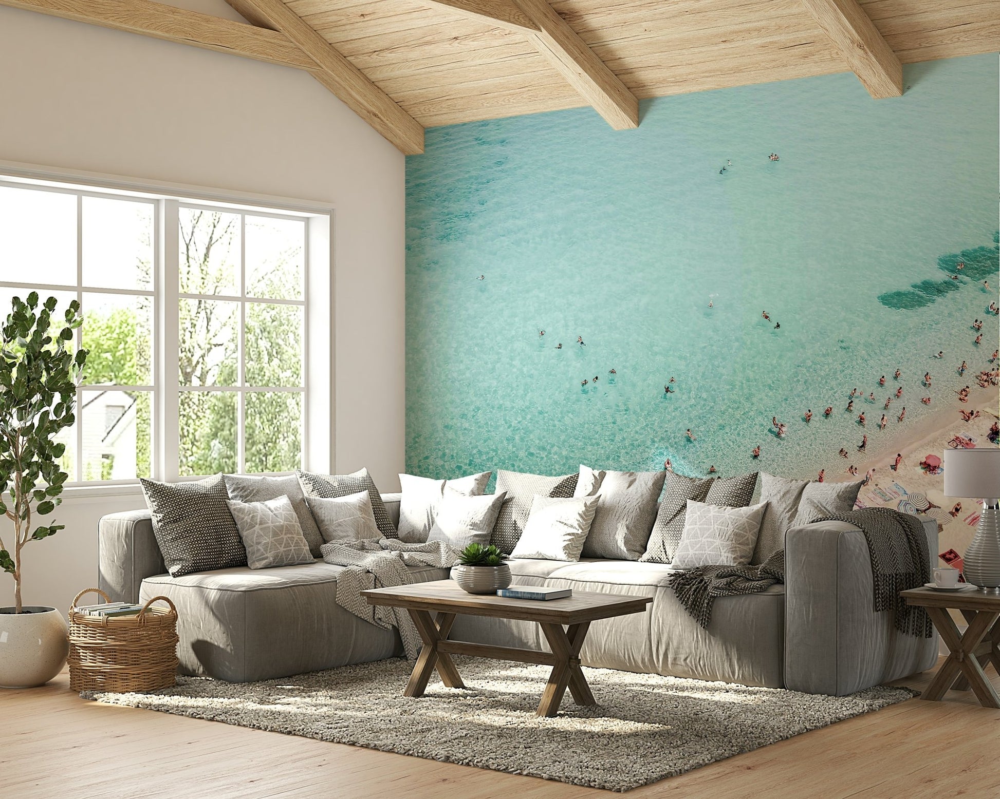 Coastal living wall mural featuring beachgoers