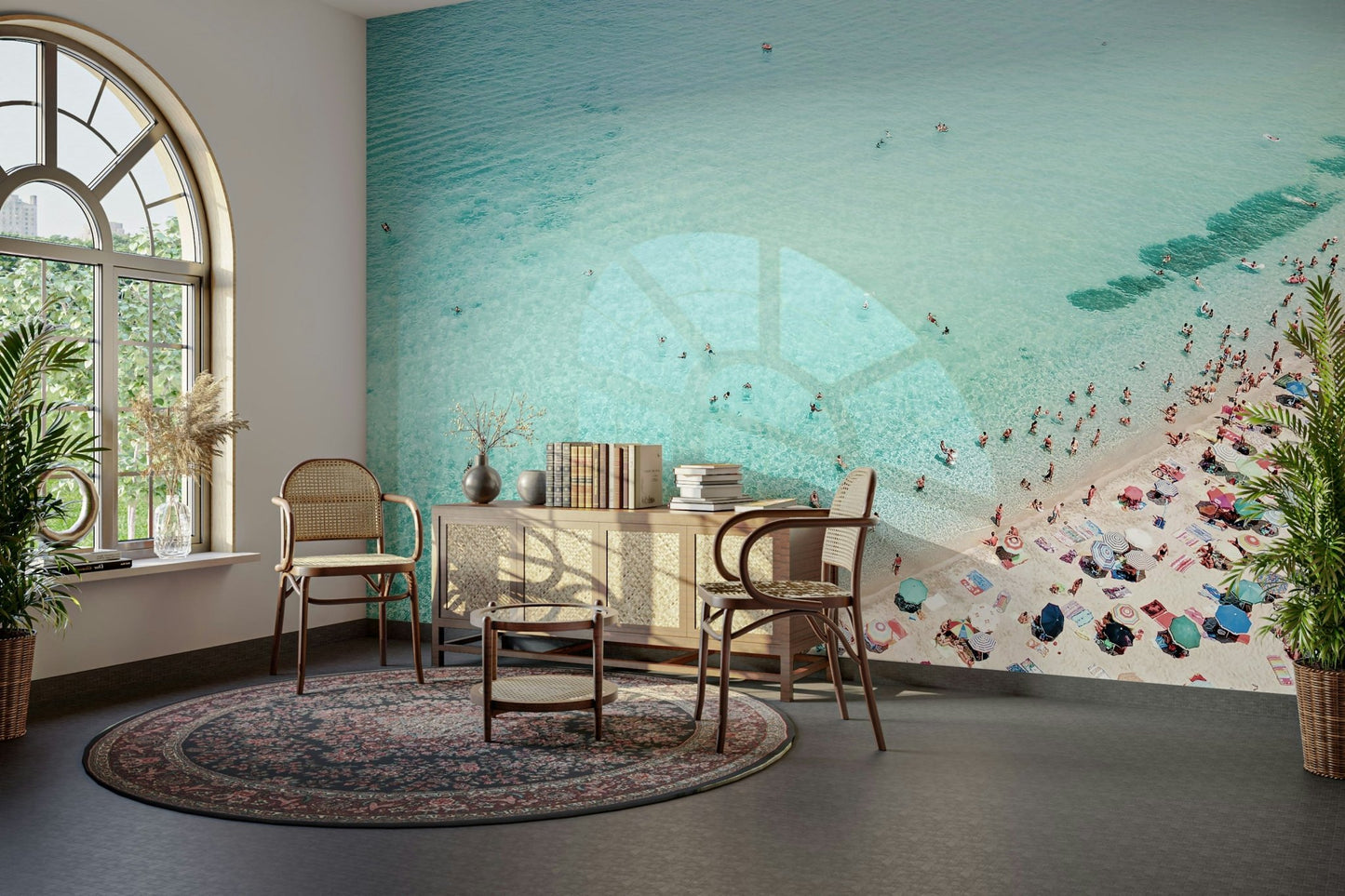 Summer beach people wall mural in coastal style