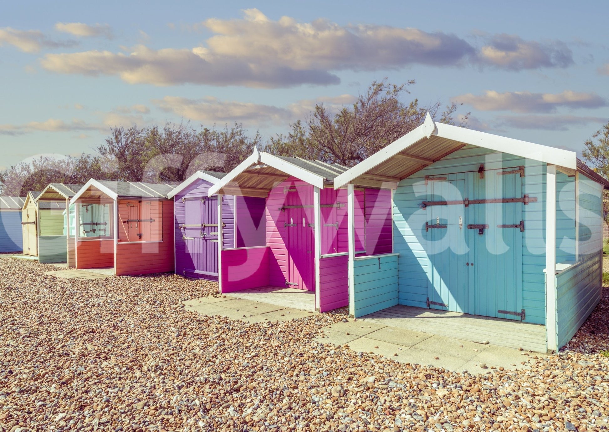 Rustic wooden Beach Row Bliss Wall Mural structure visual.