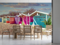 Vacation themed Beach Row Bliss Wall Mural home backdrop.