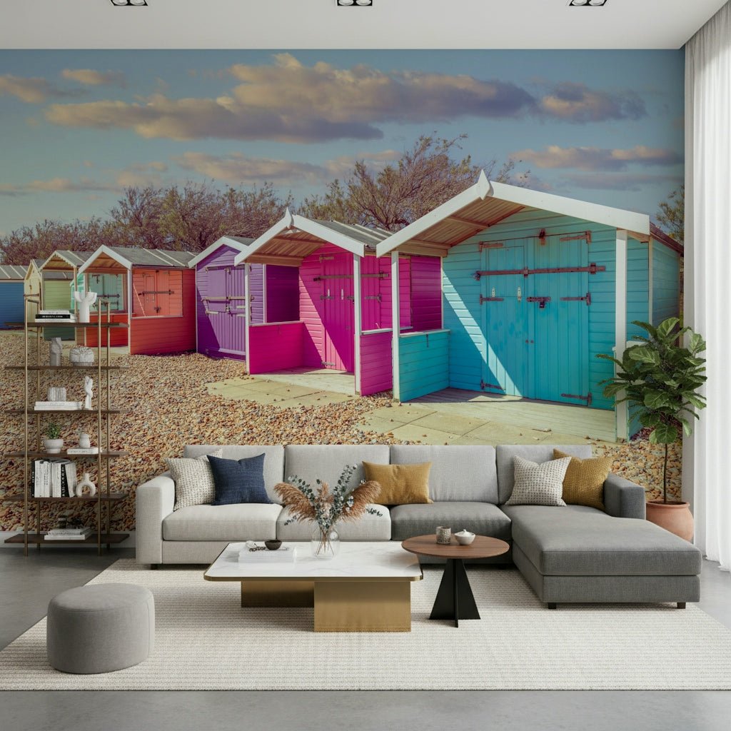 Cheerful colorful Beach Row Bliss Wall Mural beach huts., GD6444