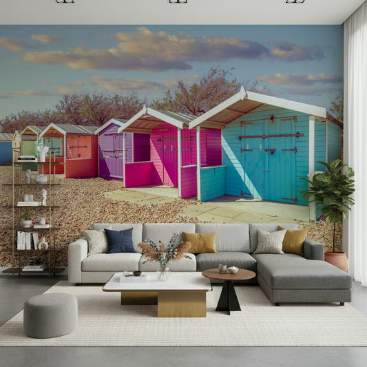 Cheerful colorful Beach Row Bliss Wall Mural beach huts.