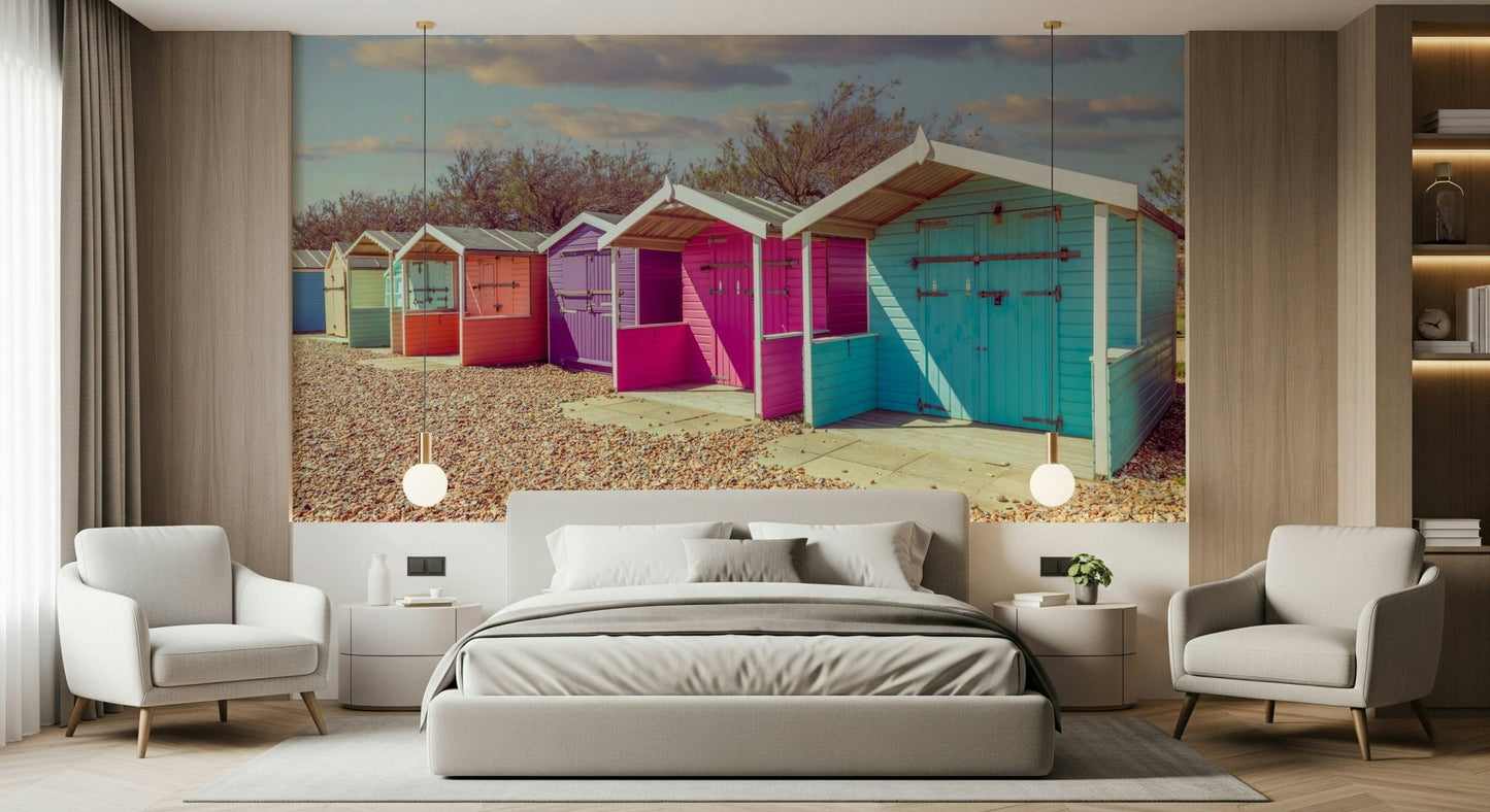 Row of Beach Row Bliss Wall Mural bright wooden cabins.