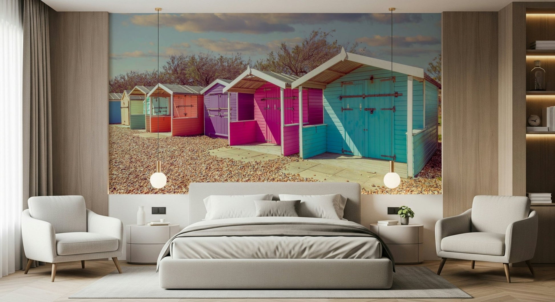 Row of Beach Row Bliss Wall Mural bright wooden cabins.
