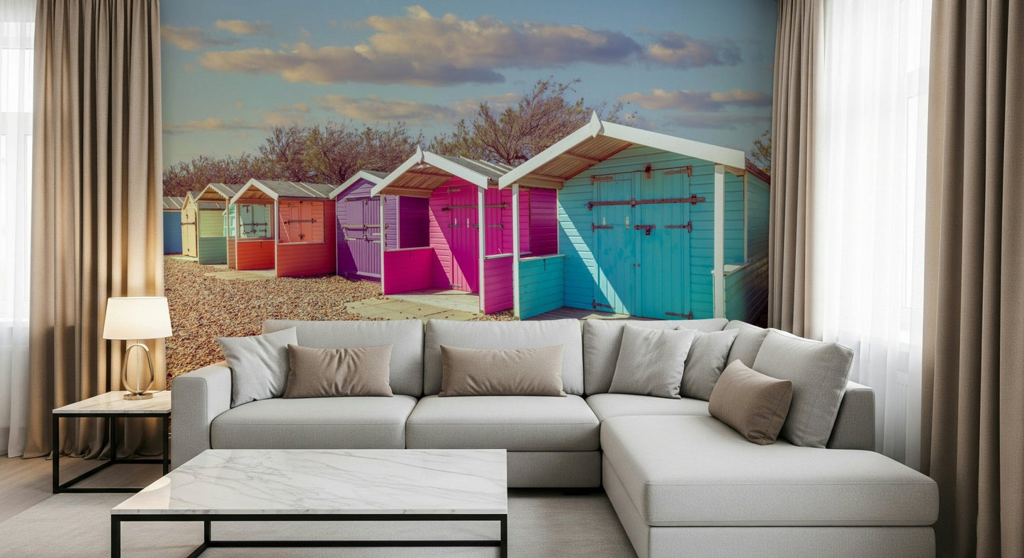 Blue and pink Beach Row Bliss Wall Mural painted cabins.