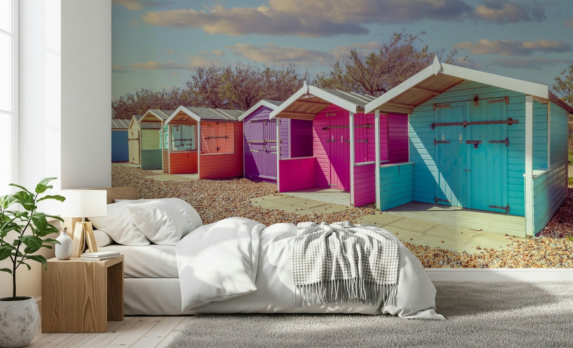Playful beach Beach Row Bliss Wall Mural scene graphic.