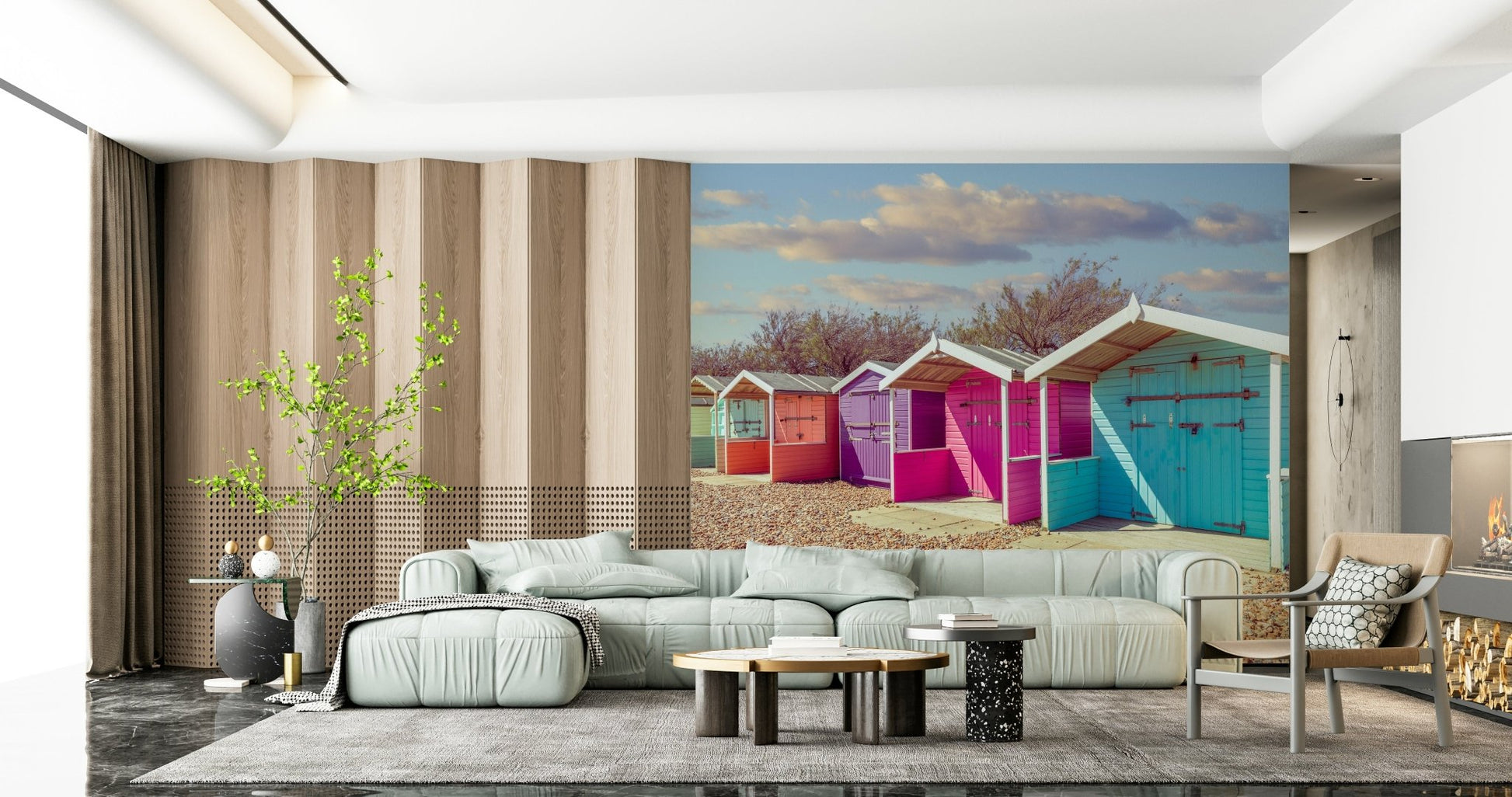 Sunny day Beach Row Bliss Wall Mural sky and clouds.