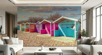 Colorful hut Beach Row Bliss Wall Mural repeating detail.