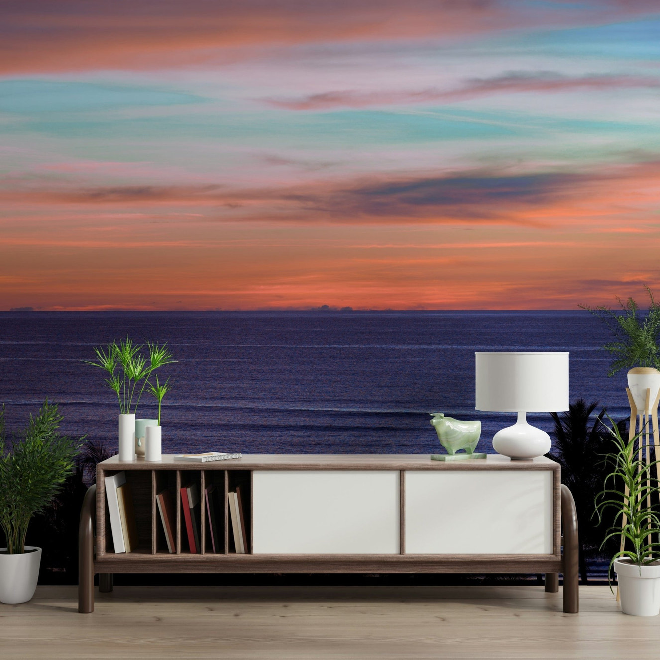 Beach Sunset Wall Mural in a minimalist living room with white sofa wallpaper.