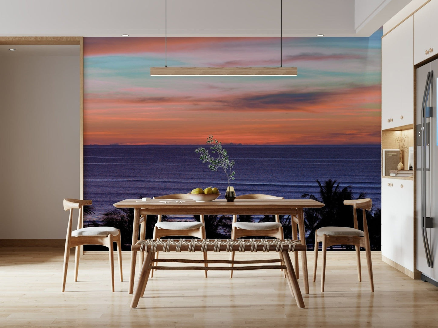 Beach Sunset Wall Mural behind a wooden bed frame in a master suite wallpaper.