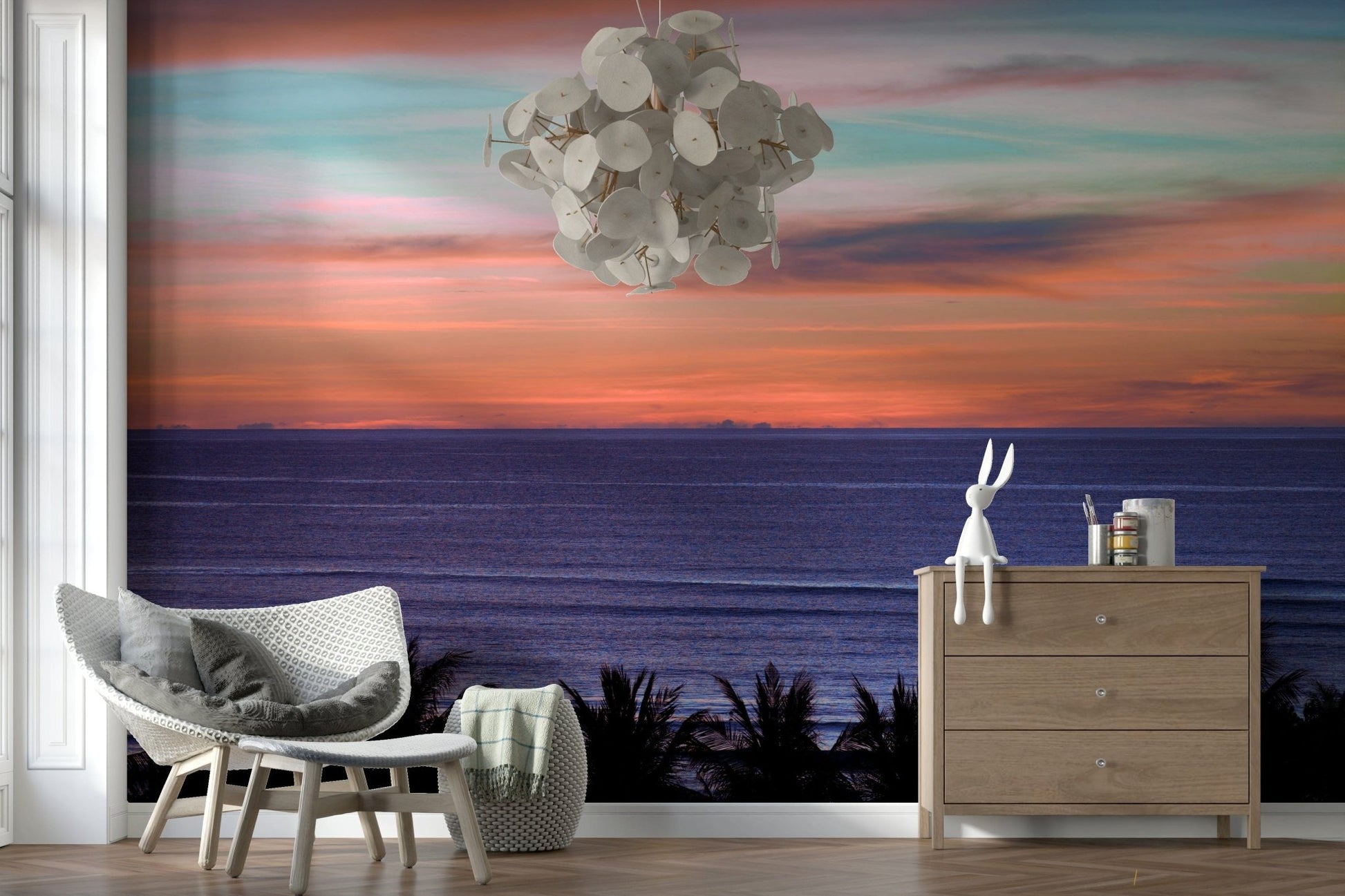 Coastal themed wall mural featuring a tropical beach for a lounge wallpaper.