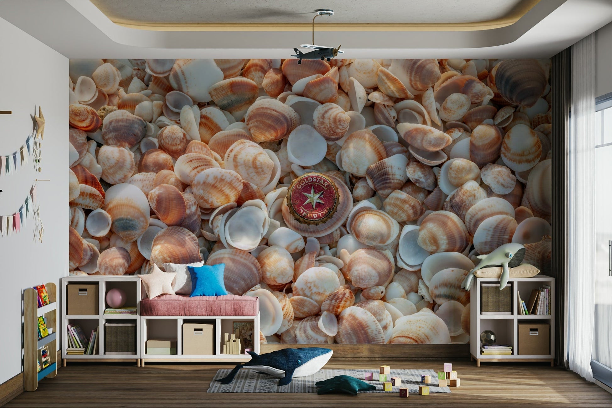 Beach treasures mural with seashells and driftwood.

