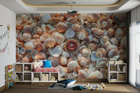 Beach treasures mural with seashells and driftwood.

