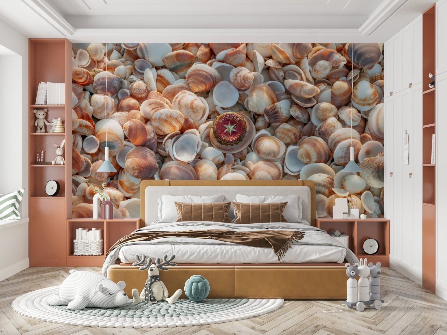 Soothing beach treasures wall mural for serene interiors.

