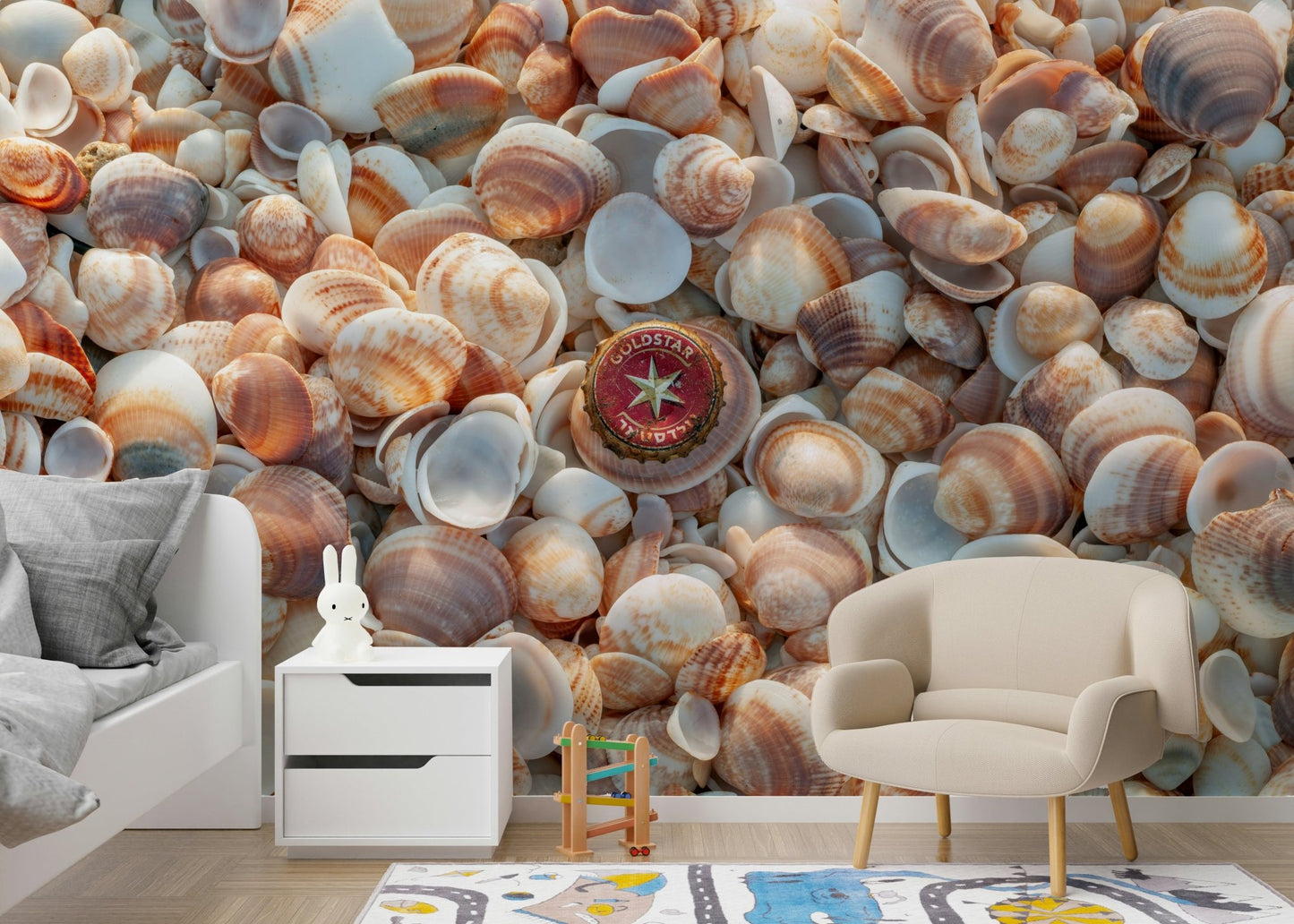 Coastal living room with a beach treasures mural.

