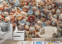 Coastal living room with a beach treasures mural.

