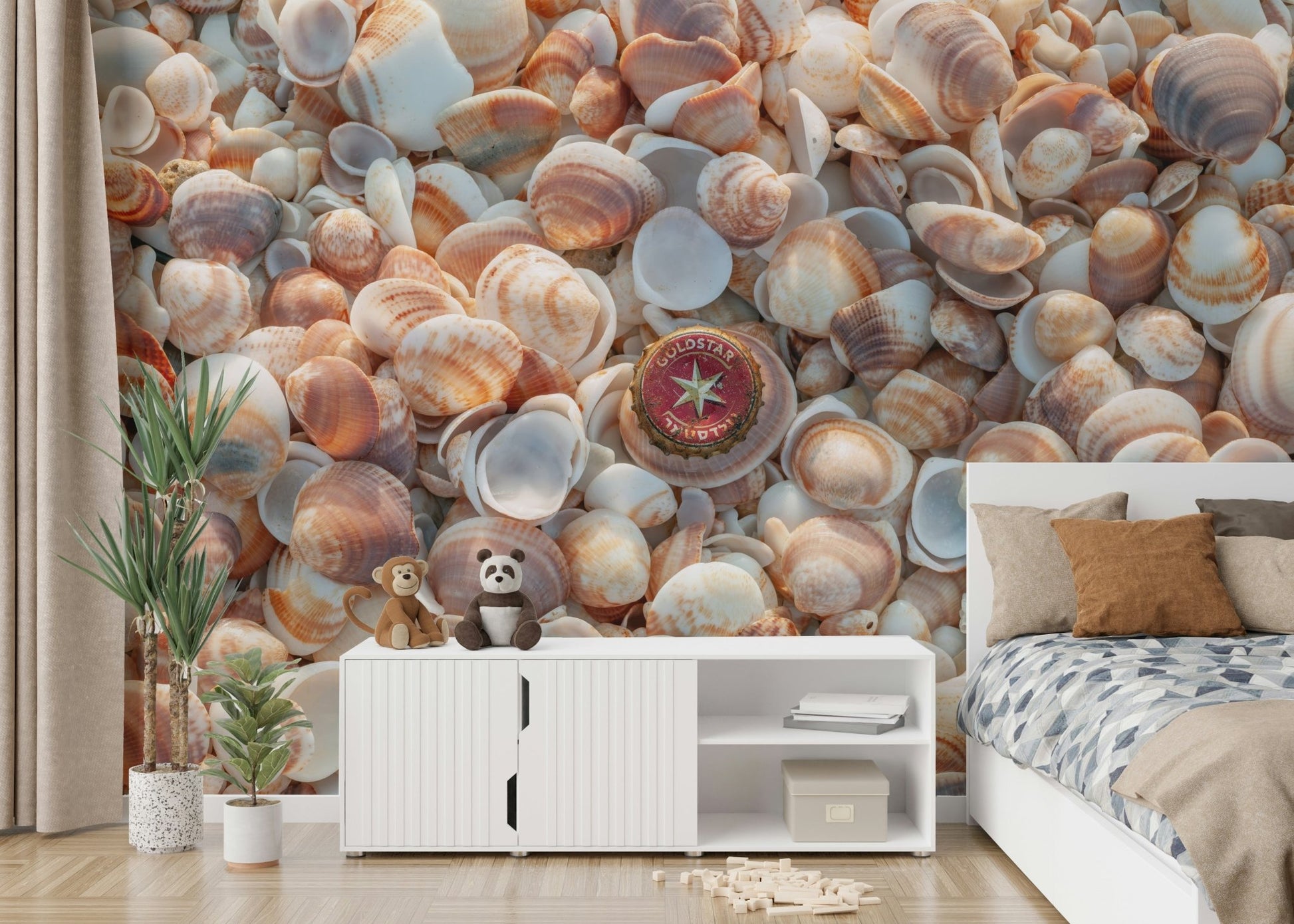 Vintage beach treasures mural with natural elements.

