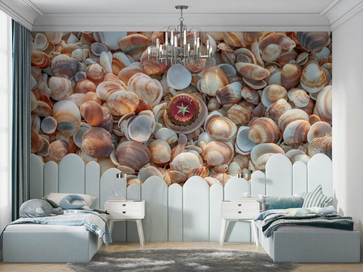 Stunning beach treasures wall mural for coastal rooms.

