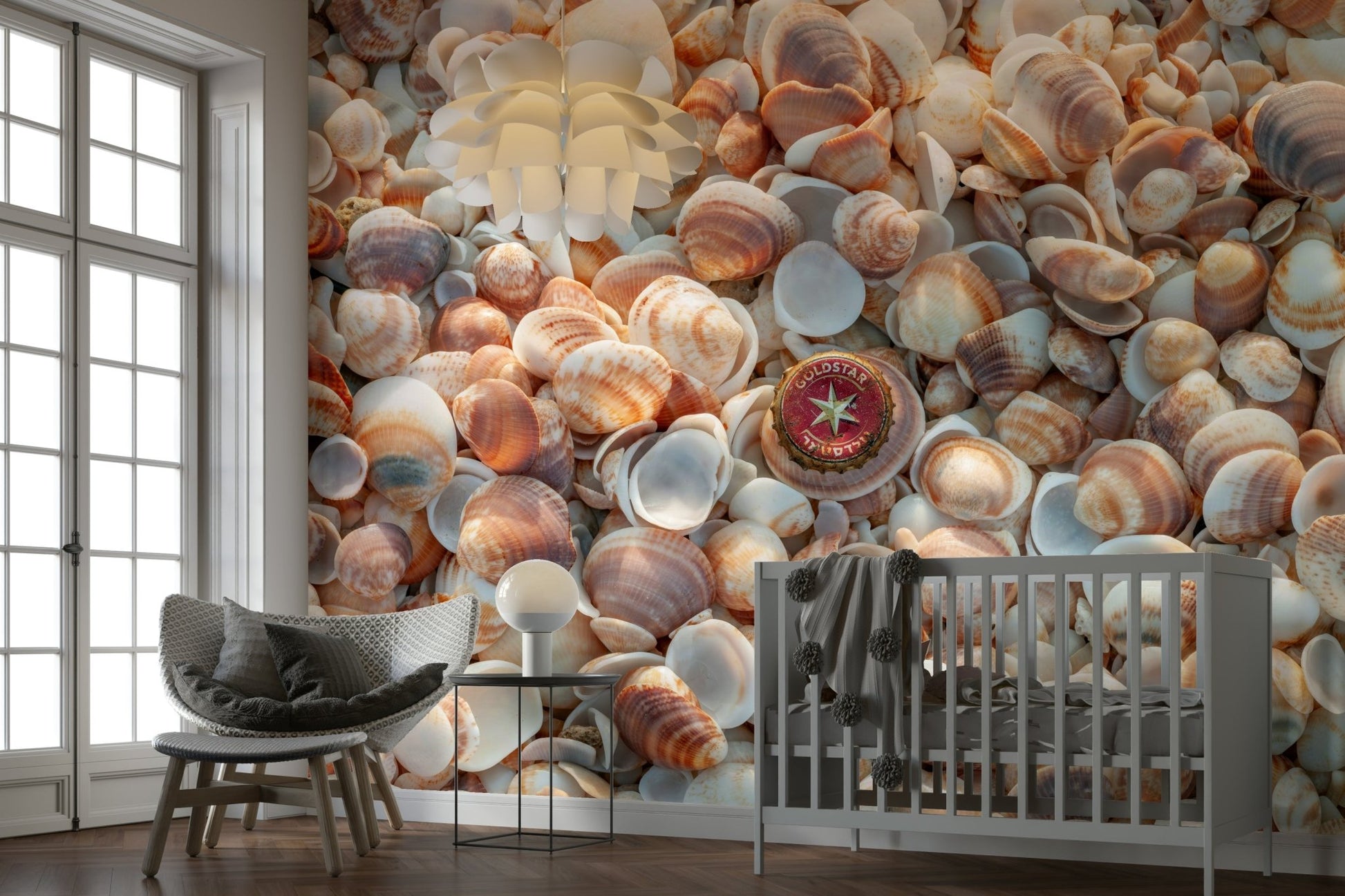 Elegant mural design showcasing beach treasures.

