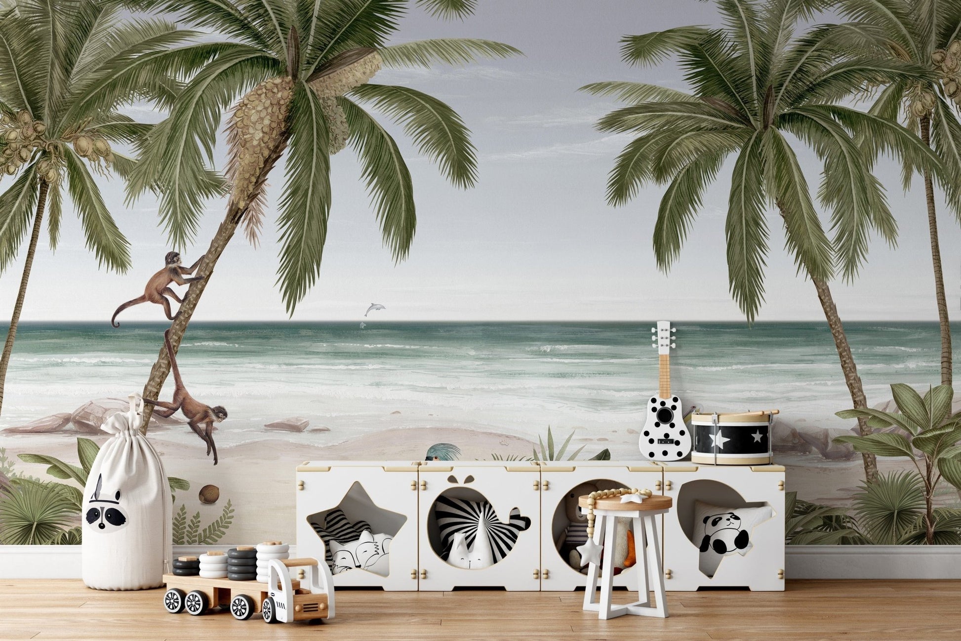 Tropical tree wallpaper mural with serene beach scenery KB12