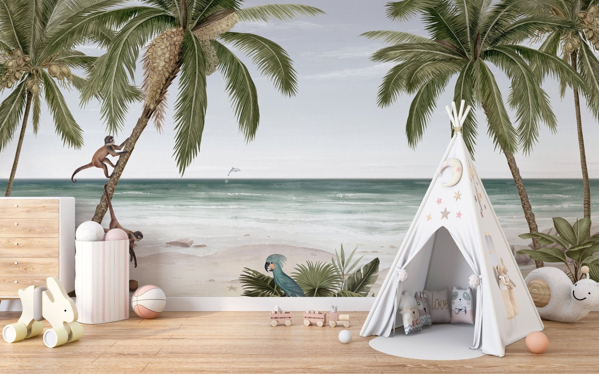 Tropical beach wallpaper mural with palm trees and ocean KB12