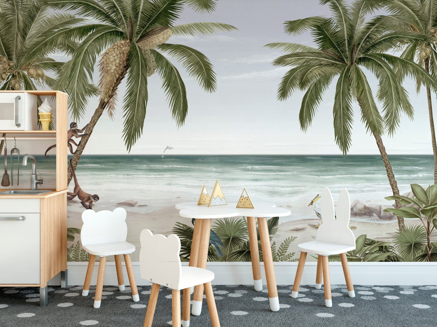 Beach-themed wallpaper featuring tropical trees and waves KB12
