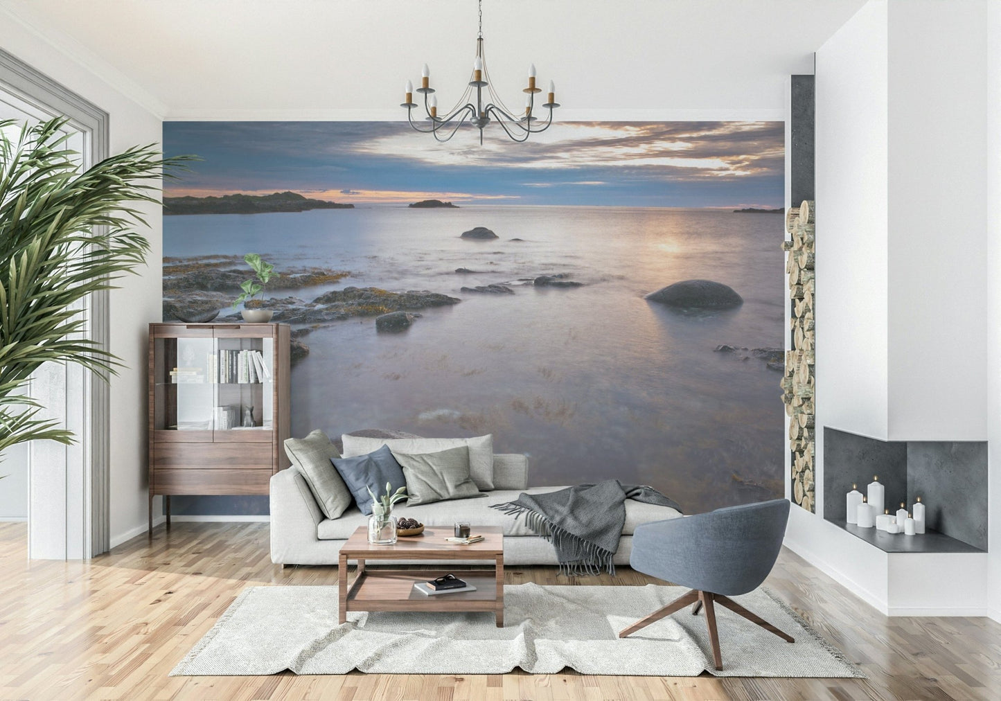 Serene coastal landscape wallpaper in a minimalist home office