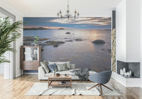 Serene coastal landscape wallpaper in a minimalist home office