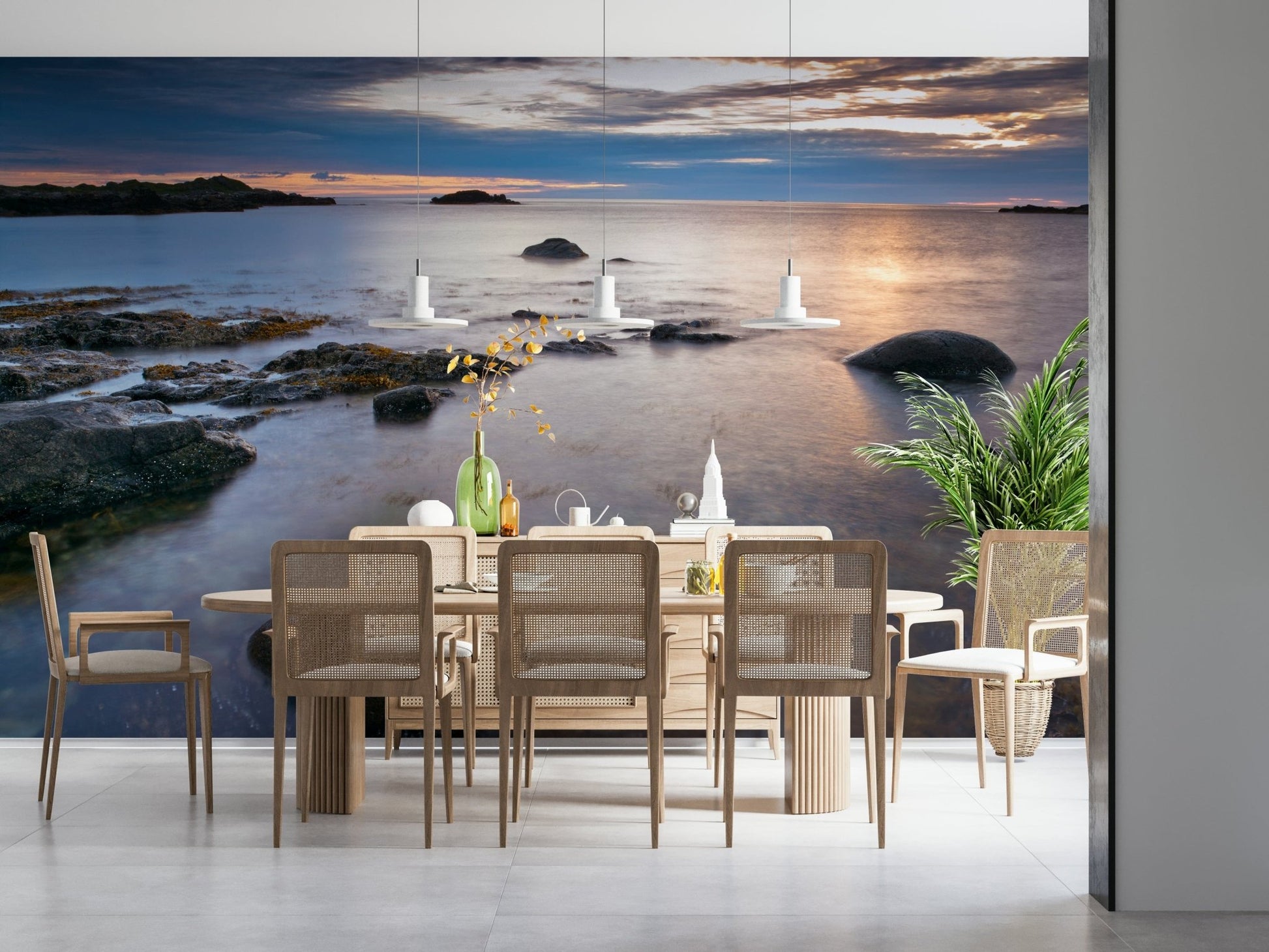 Coastal scenery wall mural with soft lighting for a cozy library wallpaper.