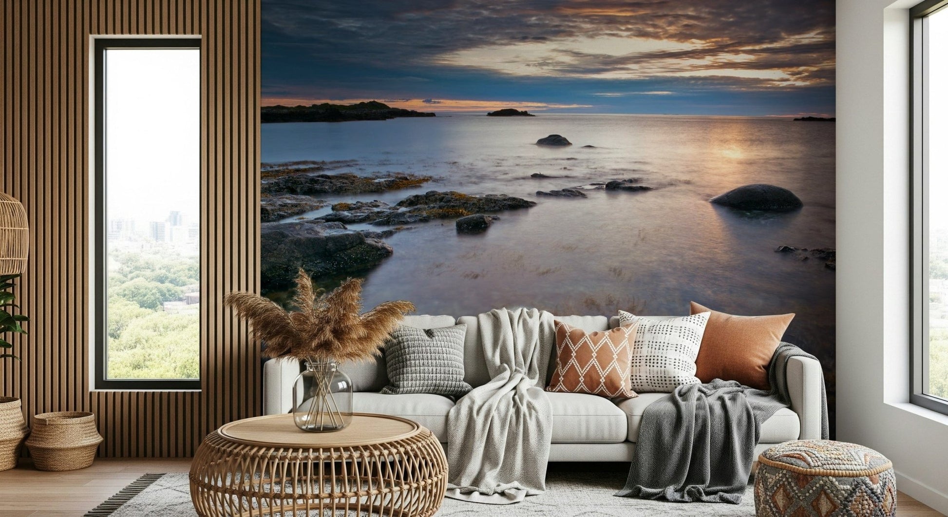 Sandy shoreline and quiet waves mural for a relaxation space
