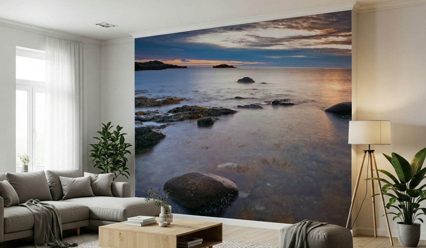 Beach Twilight Wall Mural with calm tide for bedroom wall decor