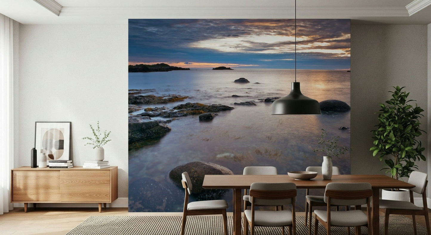 Panoramic ocean sunset wallpaper for a wide hall feature wall mural.