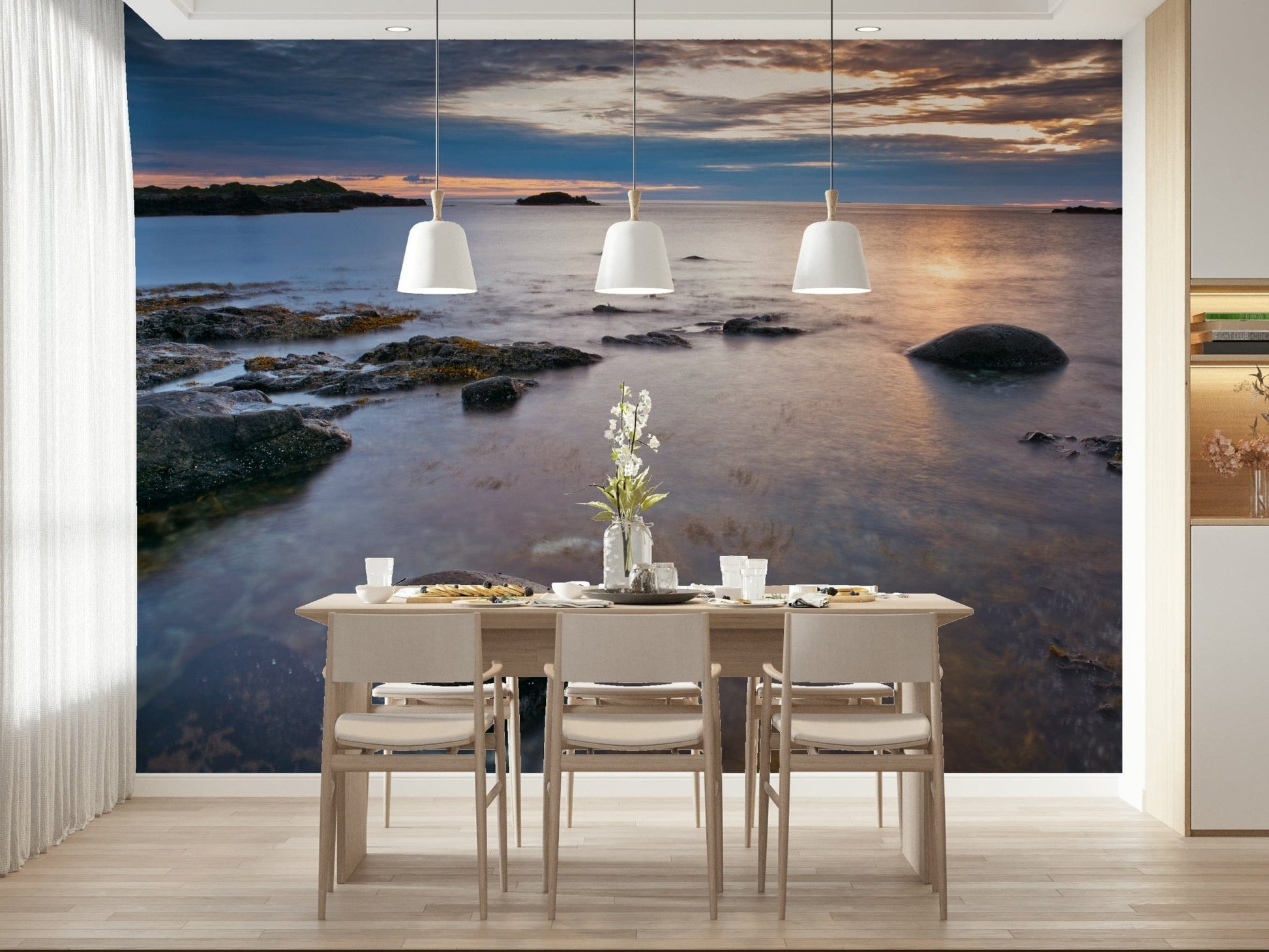 Coastal theme wall art with twilight colours in a dining area