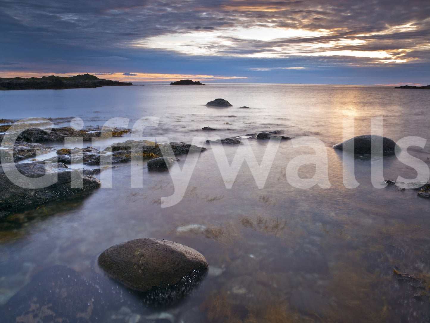 Atmospheric shoreline wallpaper for a luxury suite interior wall mural.