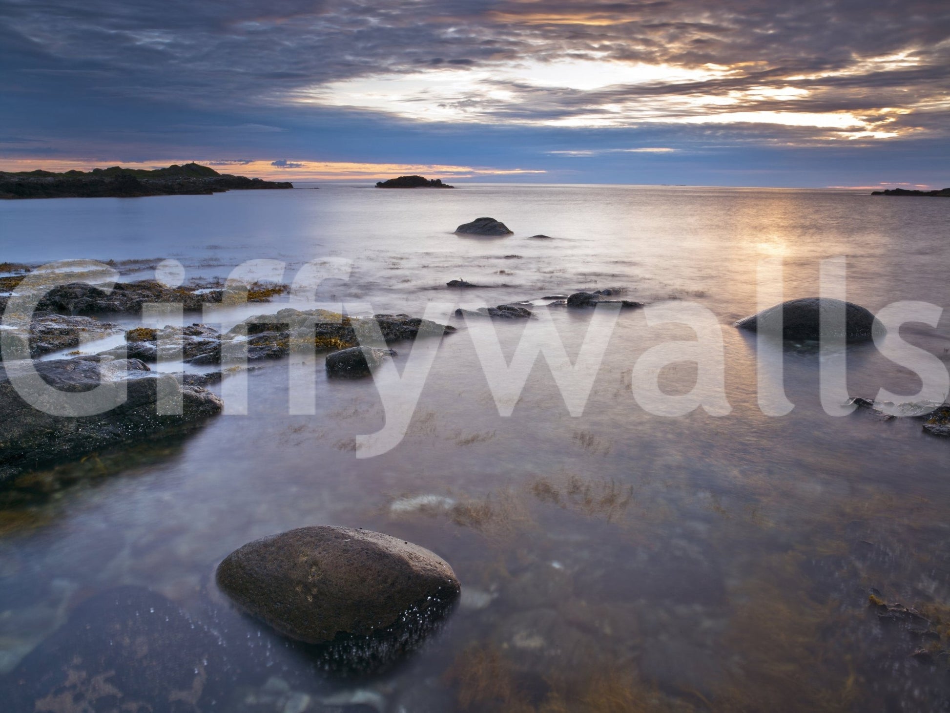 Atmospheric shoreline wallpaper for a luxury suite interior wall mural.