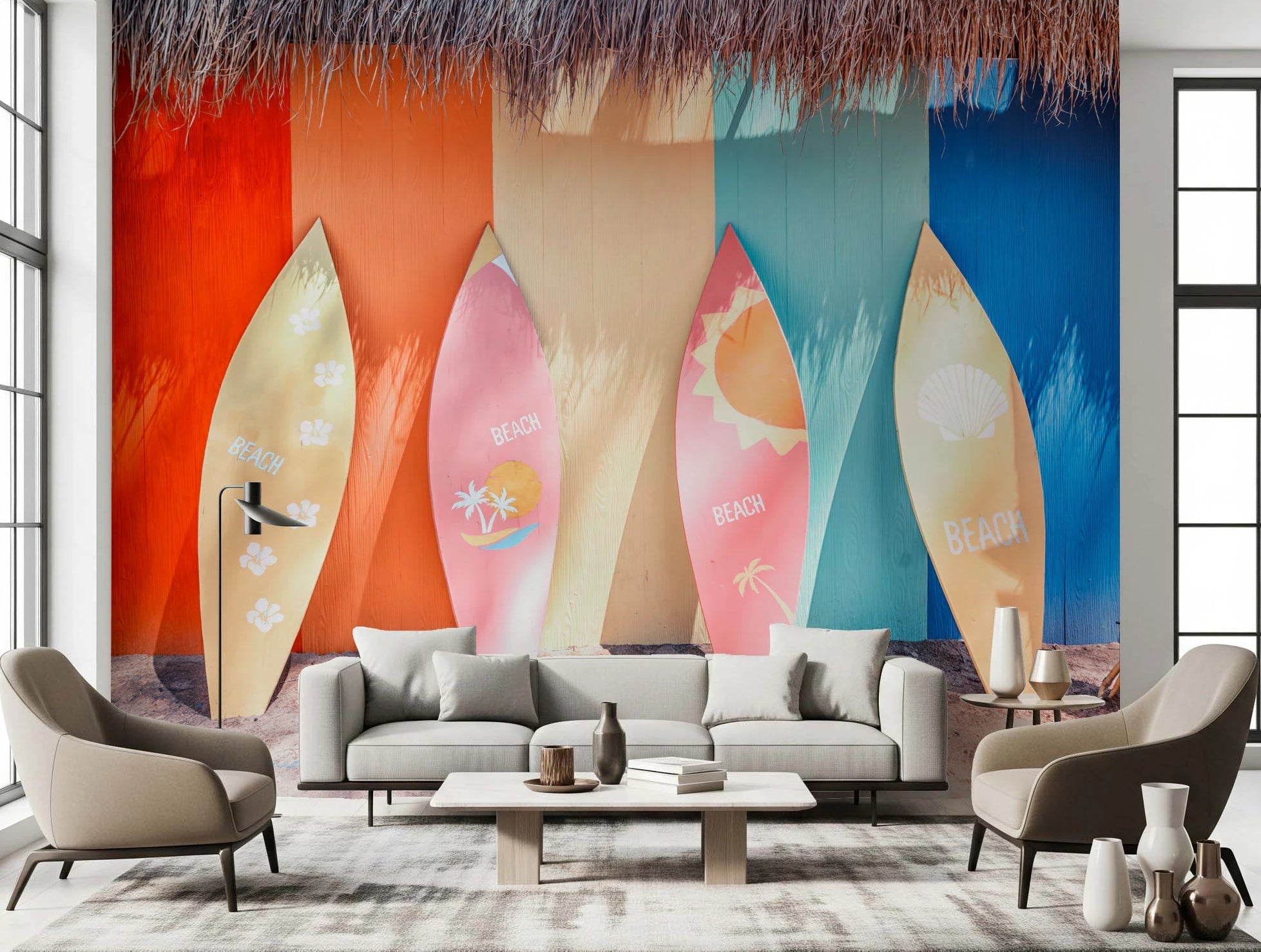 Tropical lounge corner with rattan bench and Beach Vibes Surfboards Wall Mural backdrop, GD8261