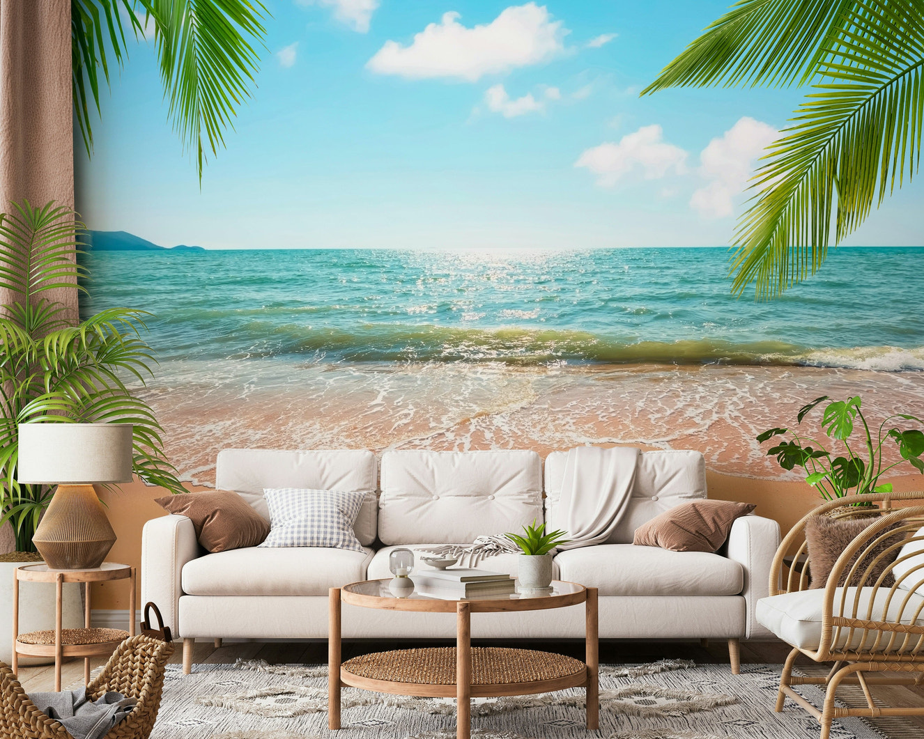 Sunny tropical coast Beachside Bliss wallpaper for walls.