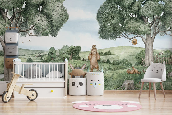 Bear and bees wallpaper mural with scenic countryside view KB10