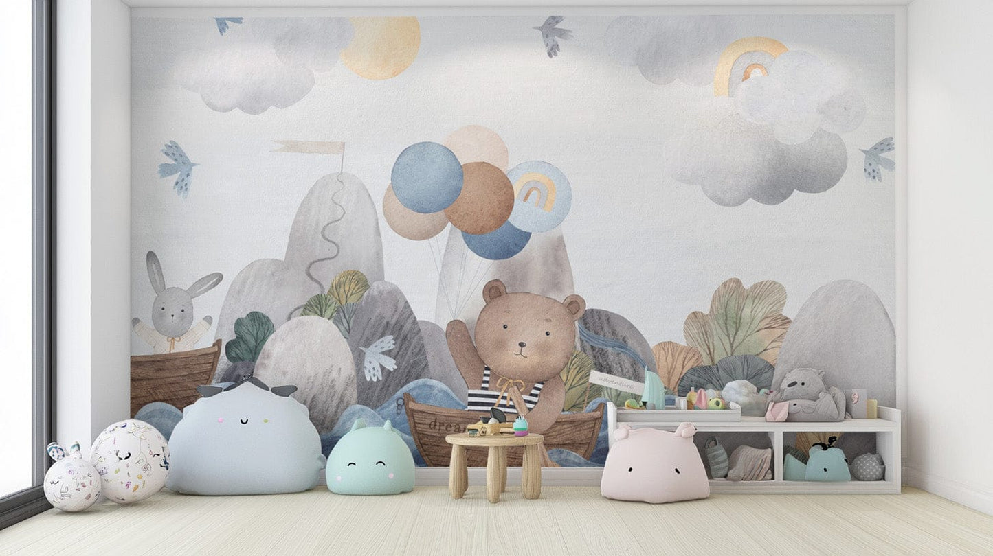 Bear with balloons nursery wallpaper
