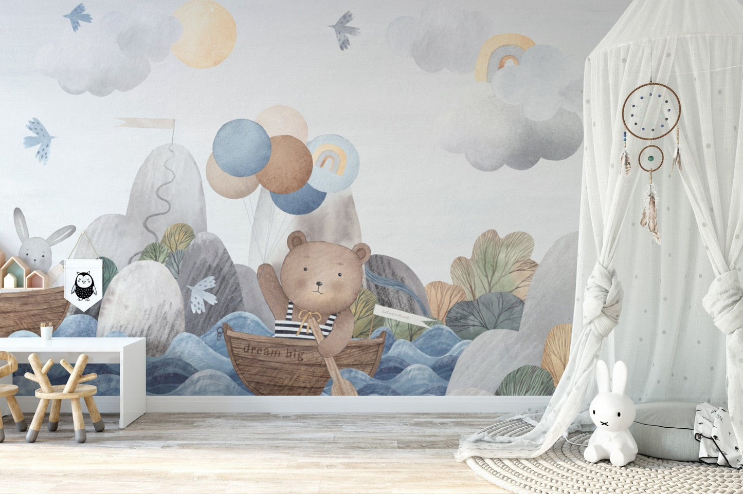 Nursery wallpaper with bear adventure
