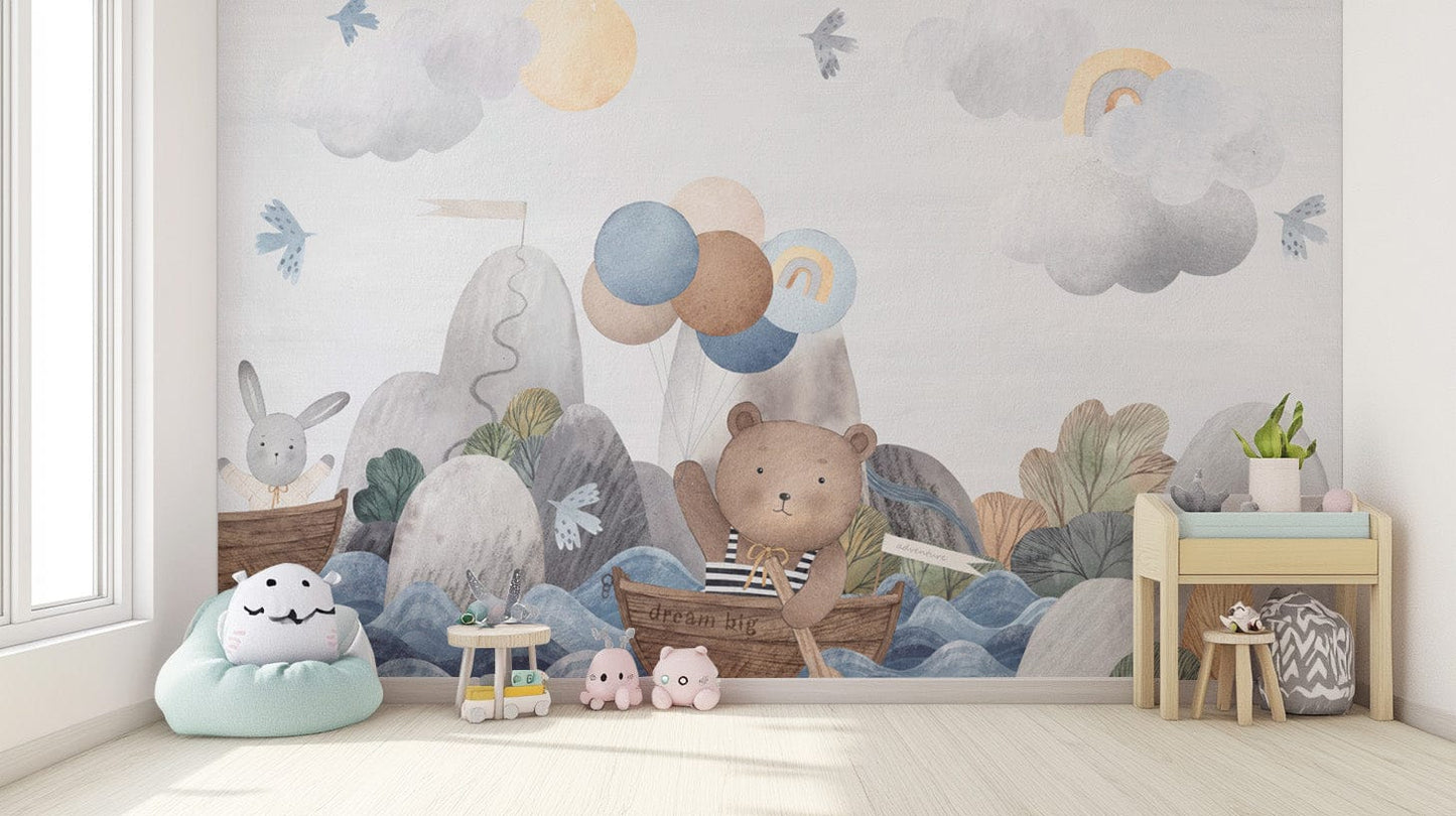 Bunny and bear boat wall mural
